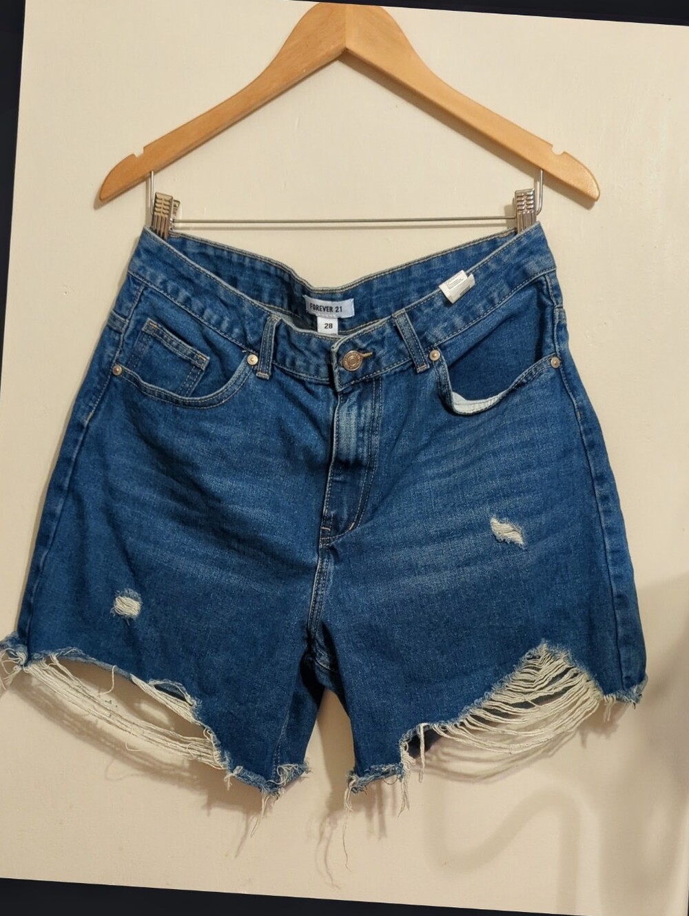 Forever 21 Distressed High-Waist Denim Shorts - Blue